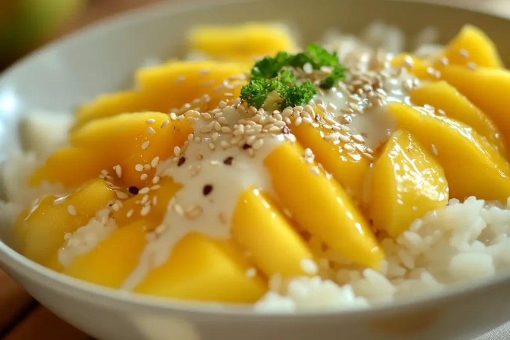 What to serve for dessert after Thai food? Mango sticky rice with coconut milk and toasted sesame seeds, a classic Thai sweet treat.