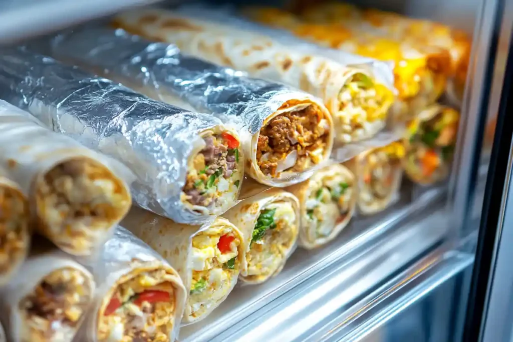 Wrapping and storing breakfast burritos for freezing.