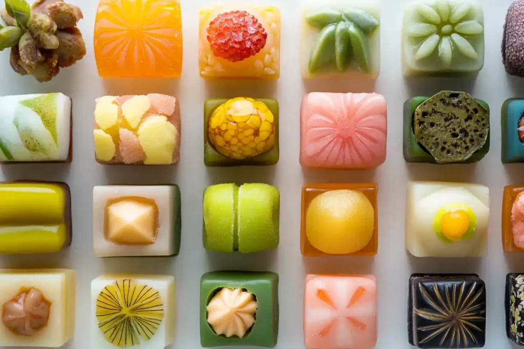 Regional Wagashi varieties from Kyoto, Tokyo, and Okinawa.