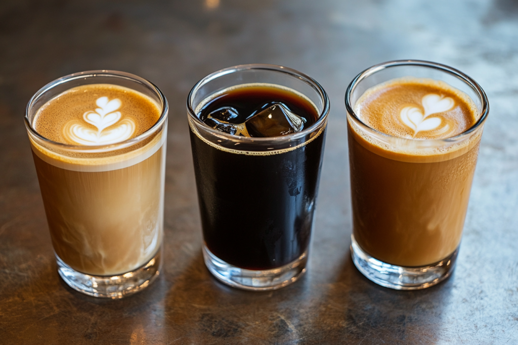 Three coffee drinks made with Javy concentrate: black, iced, and latte.