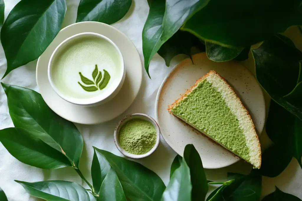 Matcha cake with latte and green tea leaves