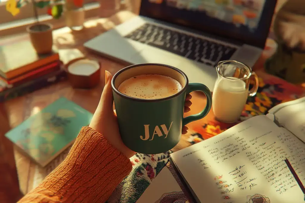 A coffee drinker enjoying Javy coffee with milk and water options nearby.