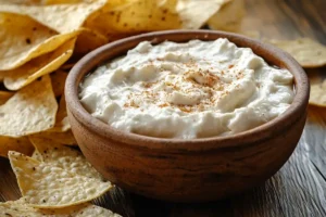 A bowl of creamy queso dip with tortilla chips.