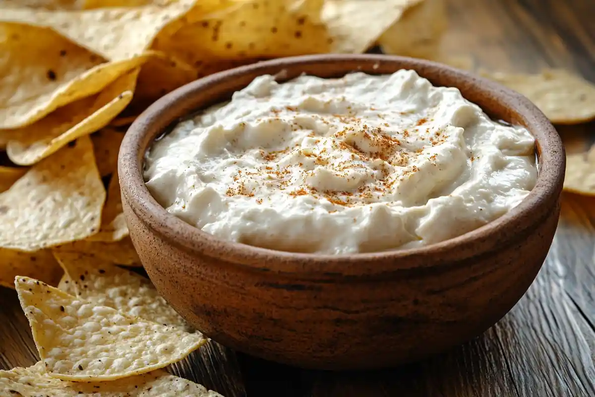 A bowl of creamy queso dip with tortilla chips.