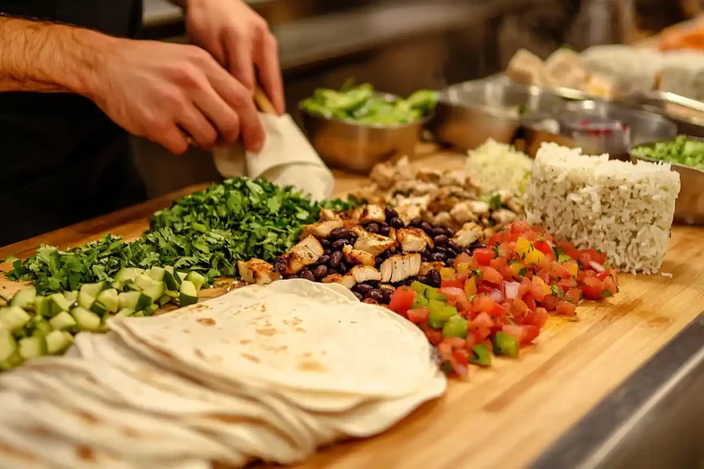 What should a burrito contain? Burrito fillings arranged on a wooden countertop.