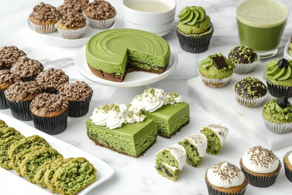 Assorted matcha desserts on marble counter