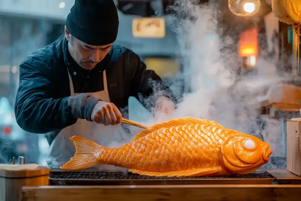 Taiyaki being prepared at a Japanese street stall.