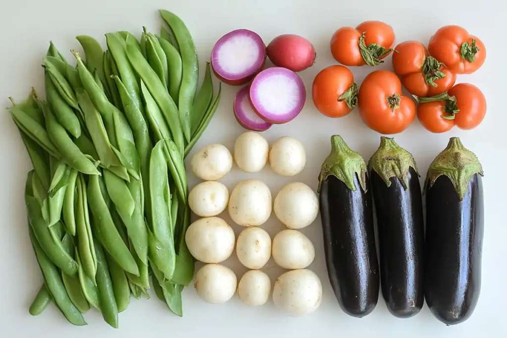 Fresh ingredients for sinigang on a white kitchen counter.