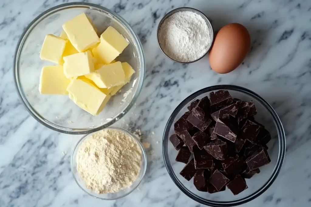 Ingredients for Crumbl cookies laid out on a marble countertop.
