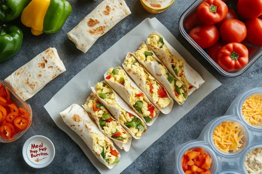 Meal prep breakfast burritos wrapped with fresh ingredients