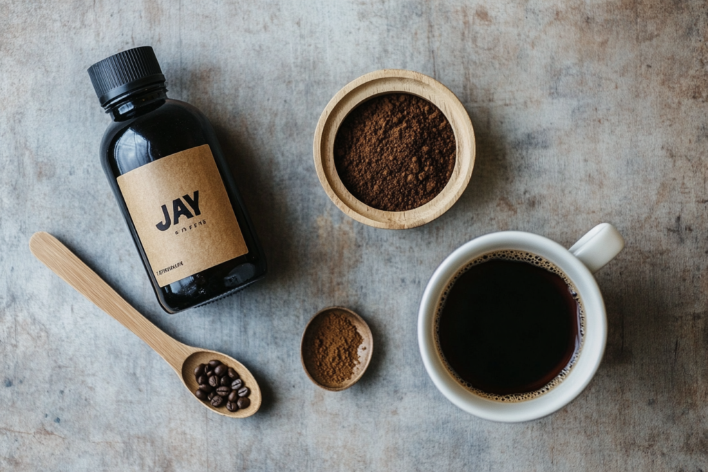 A bottle of Javy coffee concentrate with a caffeine label.