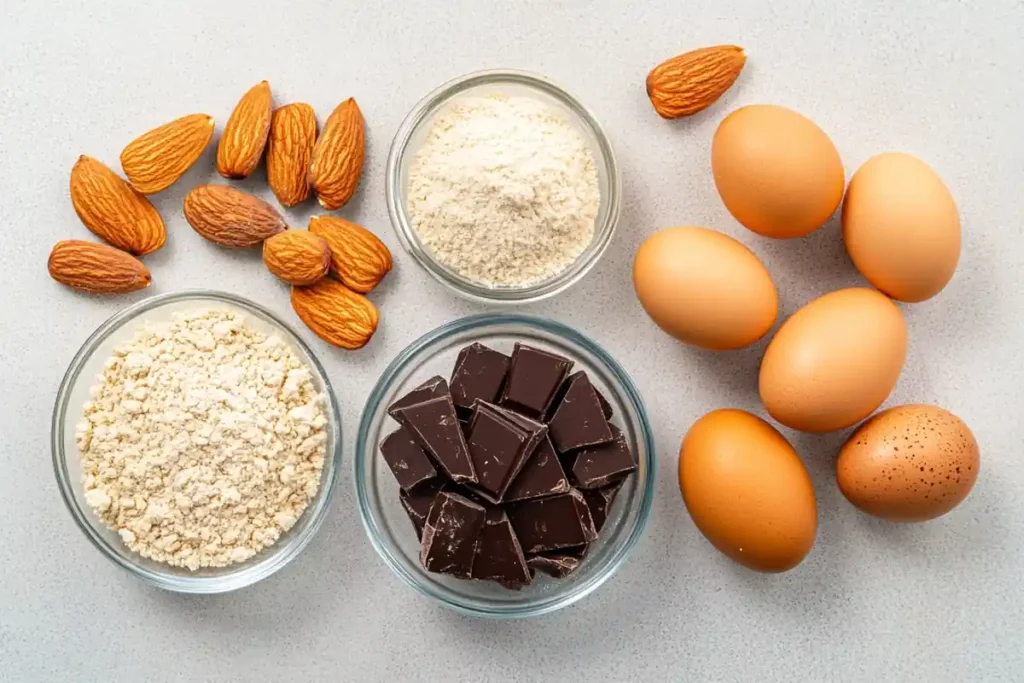 Ingredients for diabetic-friendly cakes like almond flour, stevia, and dark chocolate.