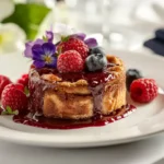 Plated desserts with recipes featuring a gourmet chocolate lava cake and berries.