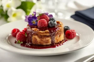 Plated desserts with recipes featuring a gourmet chocolate lava cake and berries.