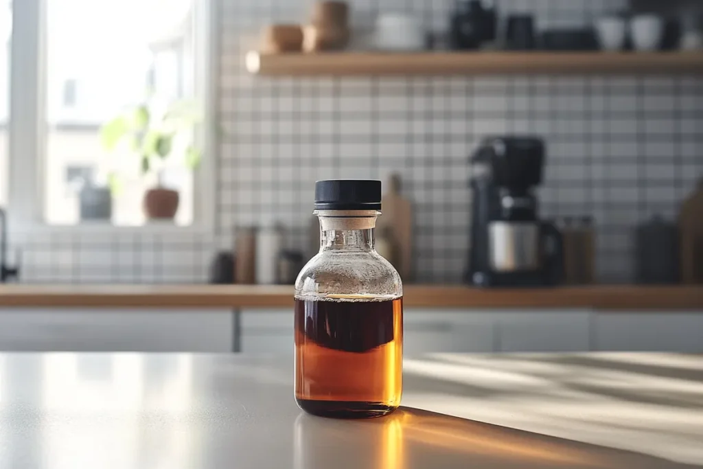 Javy Coffee bottle on a kitchen counter.