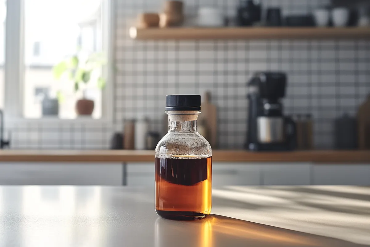 Javy Coffee bottle on a kitchen counter.
