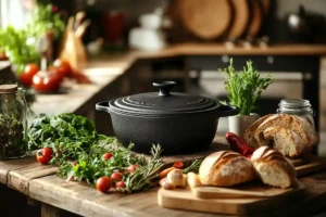 A small cast iron cocotte on a wooden countertop surrounded by fresh ingredients.