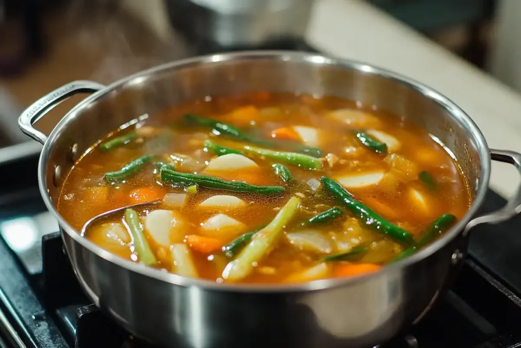 Sinigang simmering on a stove with vegetables in tamarind broth.