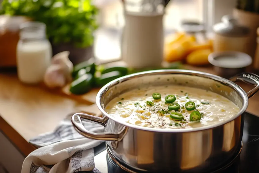 Homemade queso dip with fresh ingredients in the background.