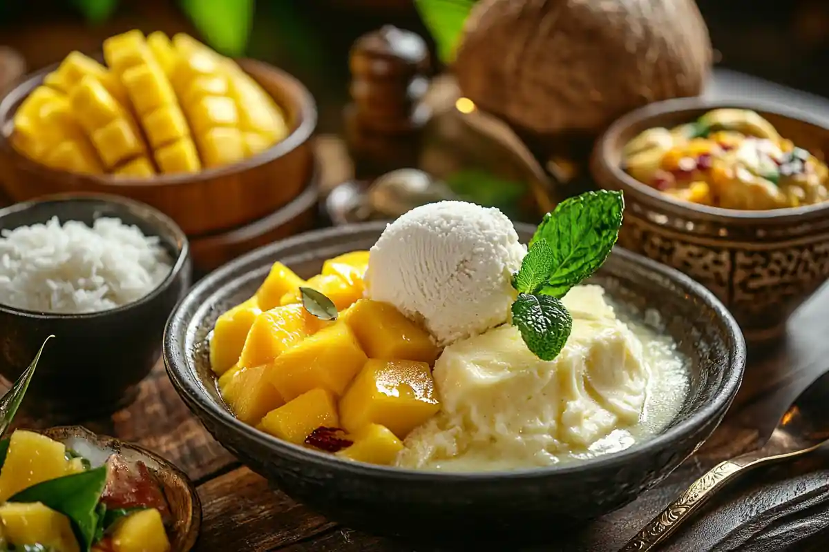 Thai dessert spread including mango sticky rice, coconut ice cream, and custard.