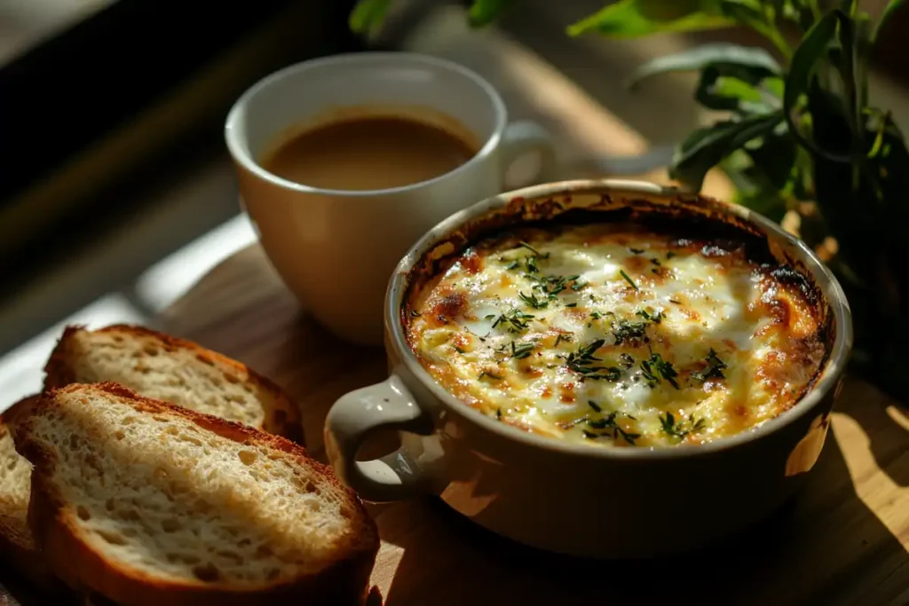 A mini cocotte with baked eggs, cheese, and herbs on a breakfast table.