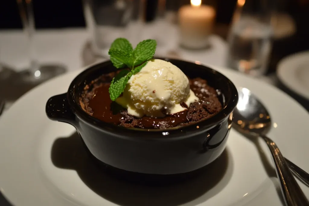 Chocolate lava cake in a mini cocotte with ice cream on the side.