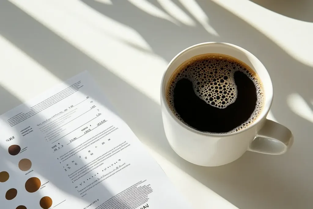 A cup of Javy coffee made with water alongside a nutritional facts sheet.