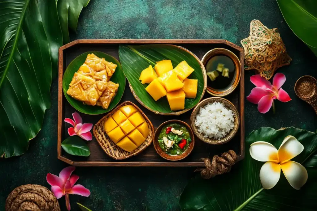 Flat lay of iconic Thai traditional desserts