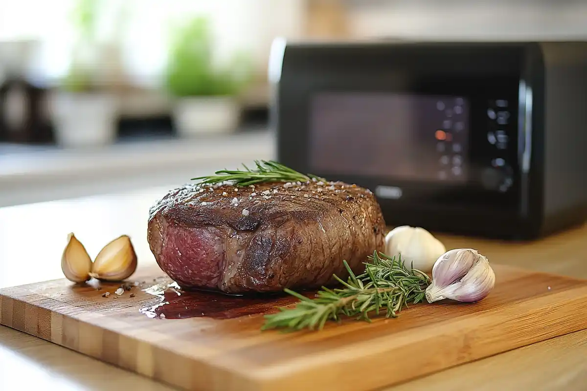 Perfectly cooked sous vide steak on a wooden board with rosemary.