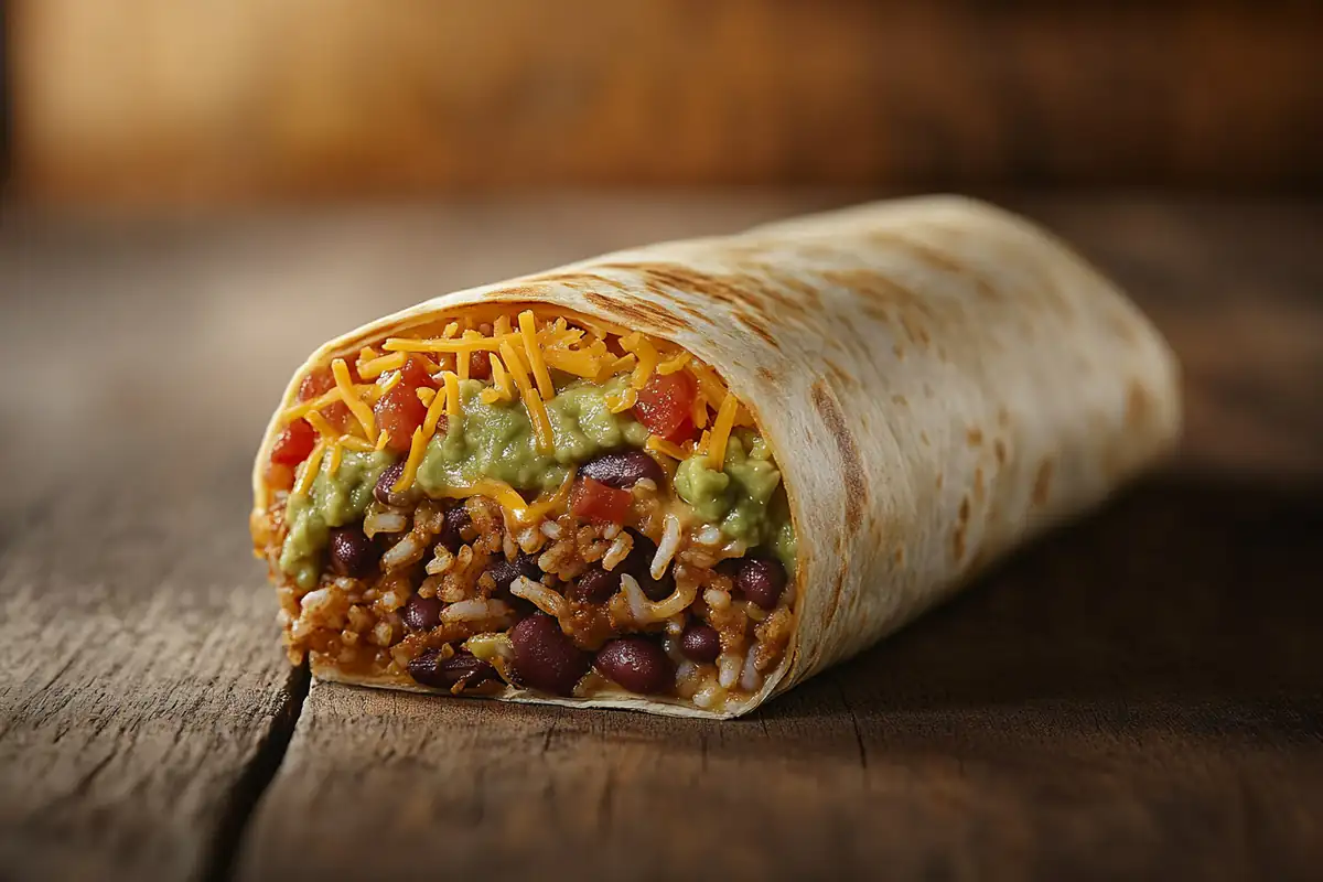 A perfectly wrapped burrito on a rustic wooden table