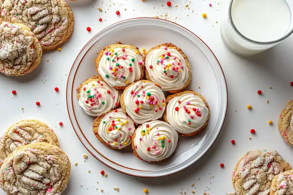 A plate of freshly baked Crumbl cookies with frosting and toppings.