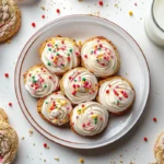 A plate of freshly baked Crumbl cookies with frosting and toppings.
