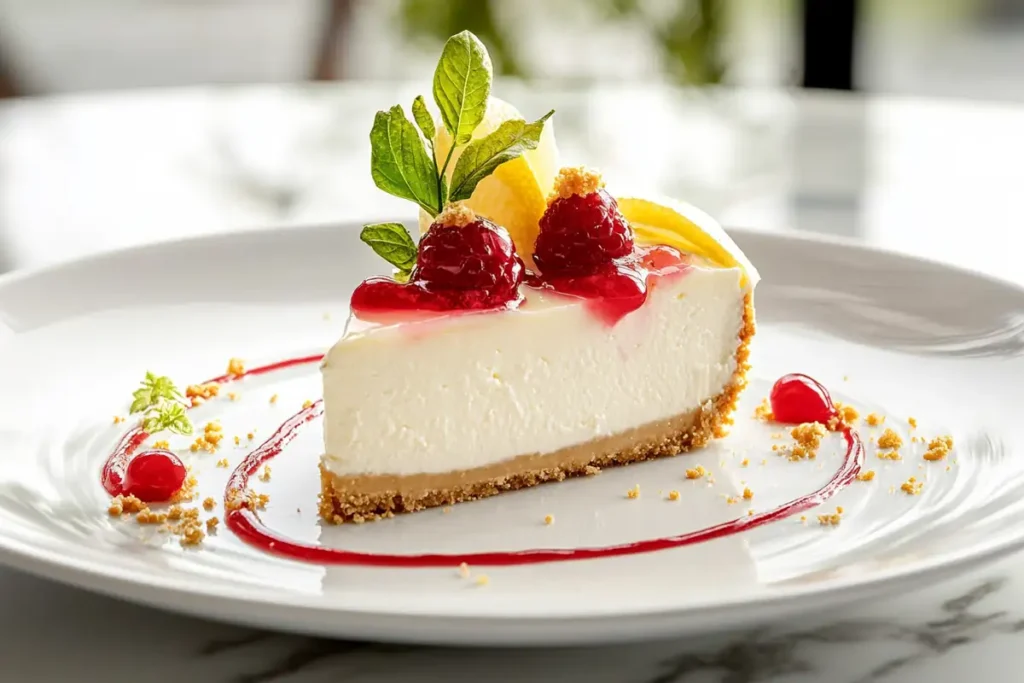 Lemon cheesecake with a zesty topping on a crisp crust.