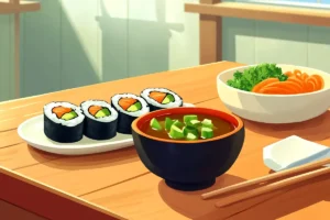 Vegetarian sushi and miso soup served in a traditional Japanese restaurant.