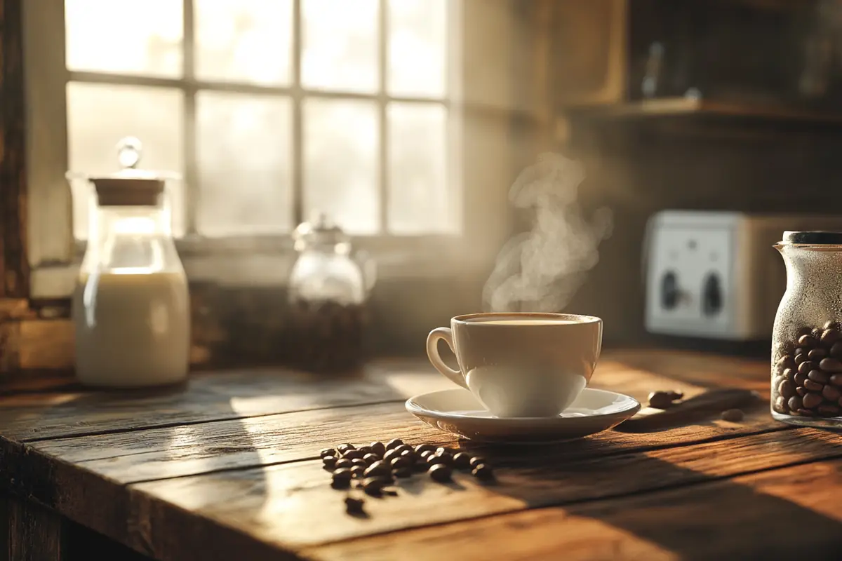 A steaming cup of Javy coffee with milk and water options on a rustic kitchen counter.