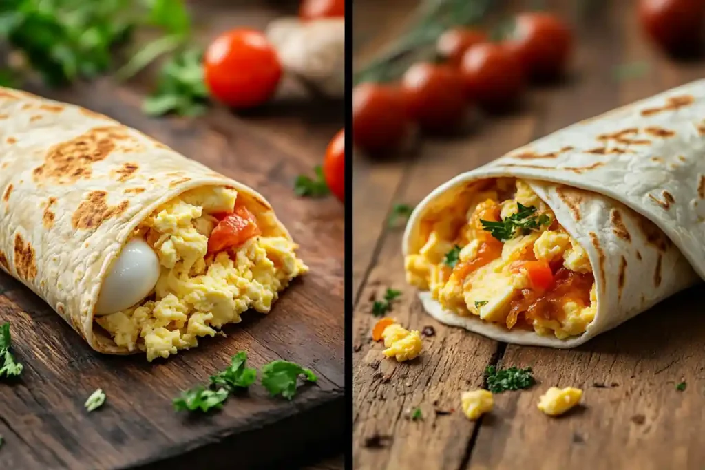 Breakfast burrito and wrap side by side with ingredients.