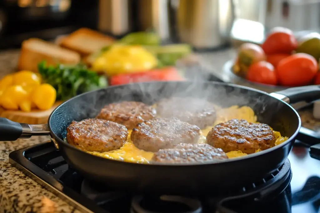 Sizzling Jimmy Dean sausage patties in a skillet