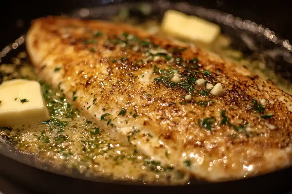 Steelhead trout cooking in a skillet with garlic and herbs.