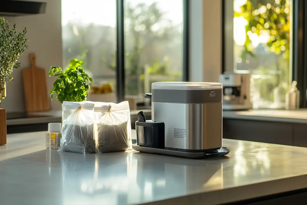Sous vide equipment on a modern kitchen counter.