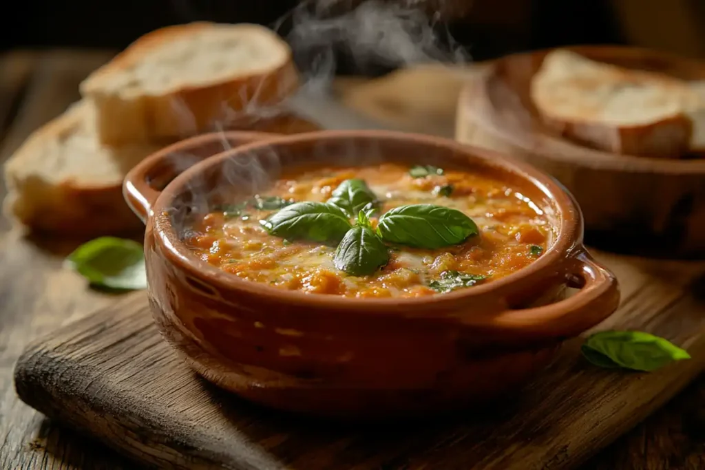 A small ceramic cocotte filled with steaming tomato soup, garnished with basil.