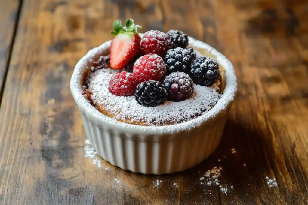 A small cocotte with a chocolate soufflé topped with powdered sugar and berries.