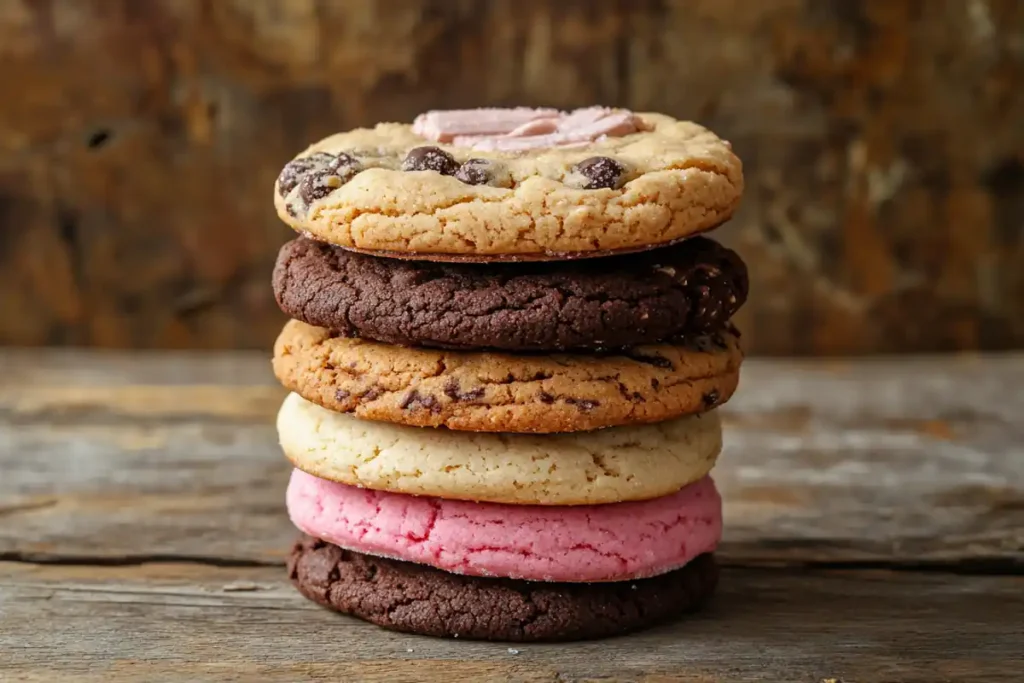 A stack of Crumbl cookies with different flavors on a wooden table.