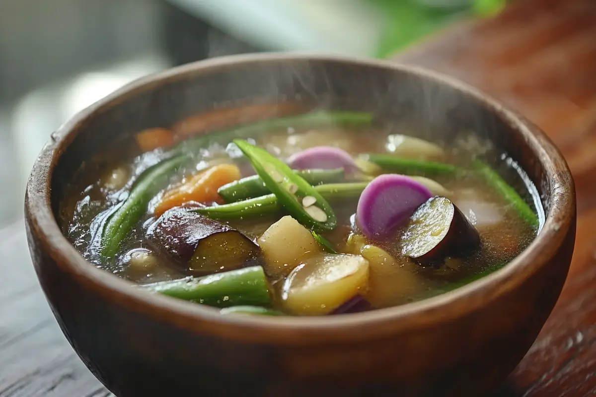 A steaming bowl of sinigang with tamarind broth and fresh vegetables.
