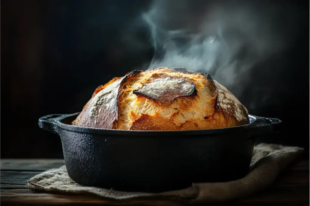 A freshly baked loaf of bread being taken out of a small cast iron cocotte