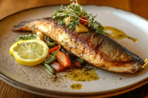 Plated steelhead trout with fresh herbs and lemon.