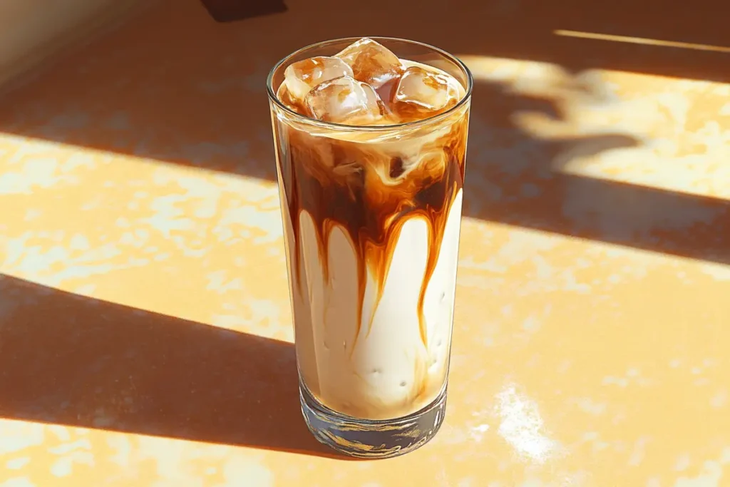 What is the best way to make Javy Coffee? A glass of iced Javy Coffee with milk swirls and ice cubes, refreshing and delicious.