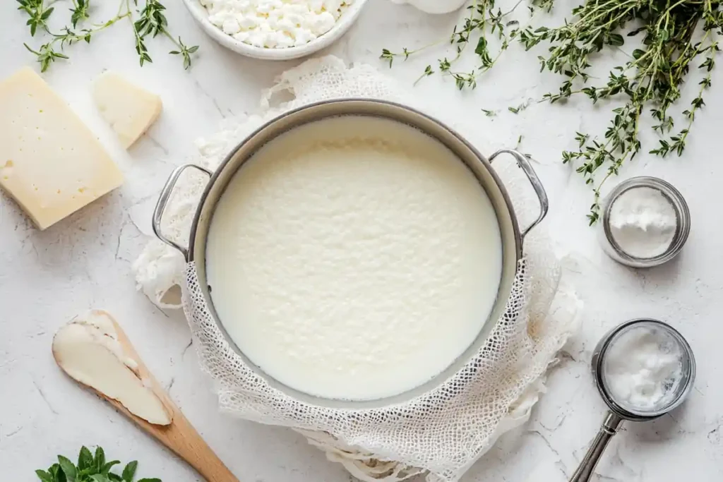 Is Queso Blanco Vegetarian? Cheese-making process showing milk and tools in a clean kitchen setup.
