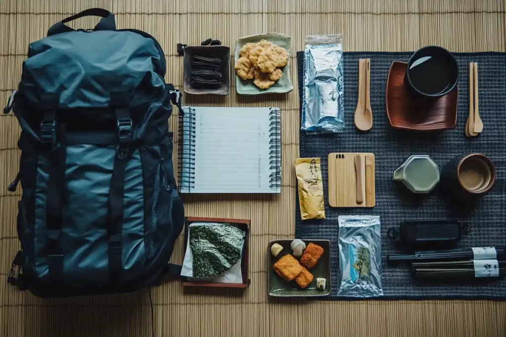 Vegetarian travel essentials for Japan, including snacks and a phrasebook.