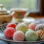 Assorted mochi ice cream balls on a ceramic plate.