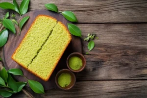 Matcha cake surrounded by matcha powder and tea leaves